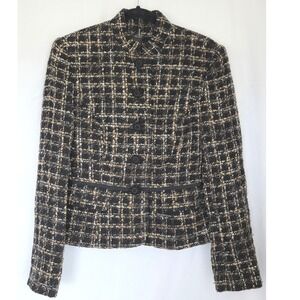 Sandra Tweed Button Front Blazer Size 10 Structured Wool Blend Jacket Pockets